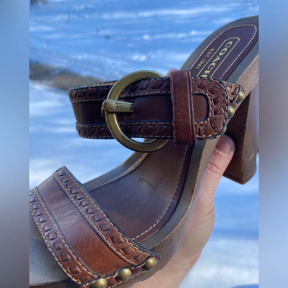 Coach Chrissy Brown Leather Whipstitch Gold Buckle Gold Studded Wooden Heels - Picture 7 of 17